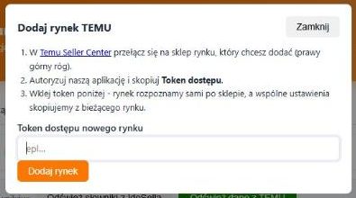 Okno „Dodaj rynek TEMU”