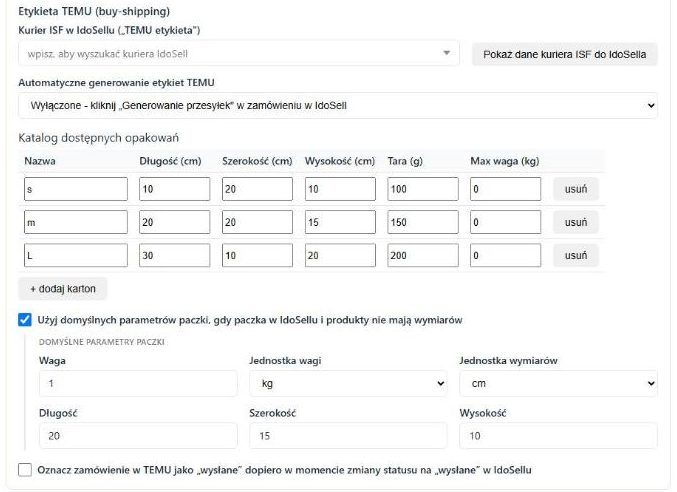 Etykieta TEMU (buy-shipping), katalog opakowań i domyślne parametry paczki