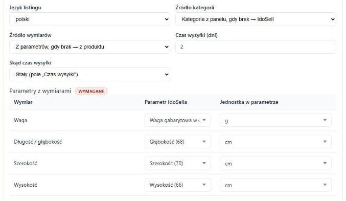 Język, źródła kategorii i wymiarów, czas wysyłki
