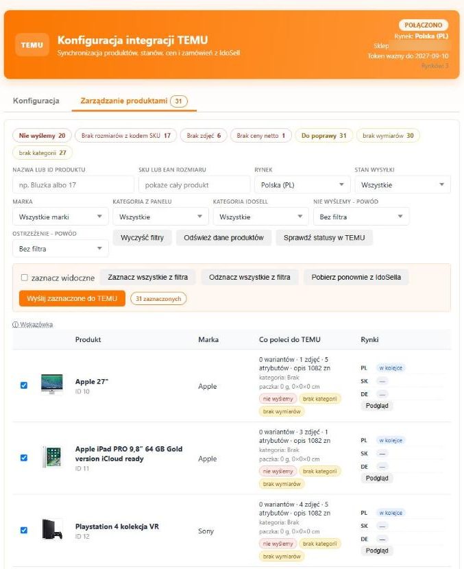 Zakładka „Zarządzanie produktami”: liczniki, filtry i lista produktów